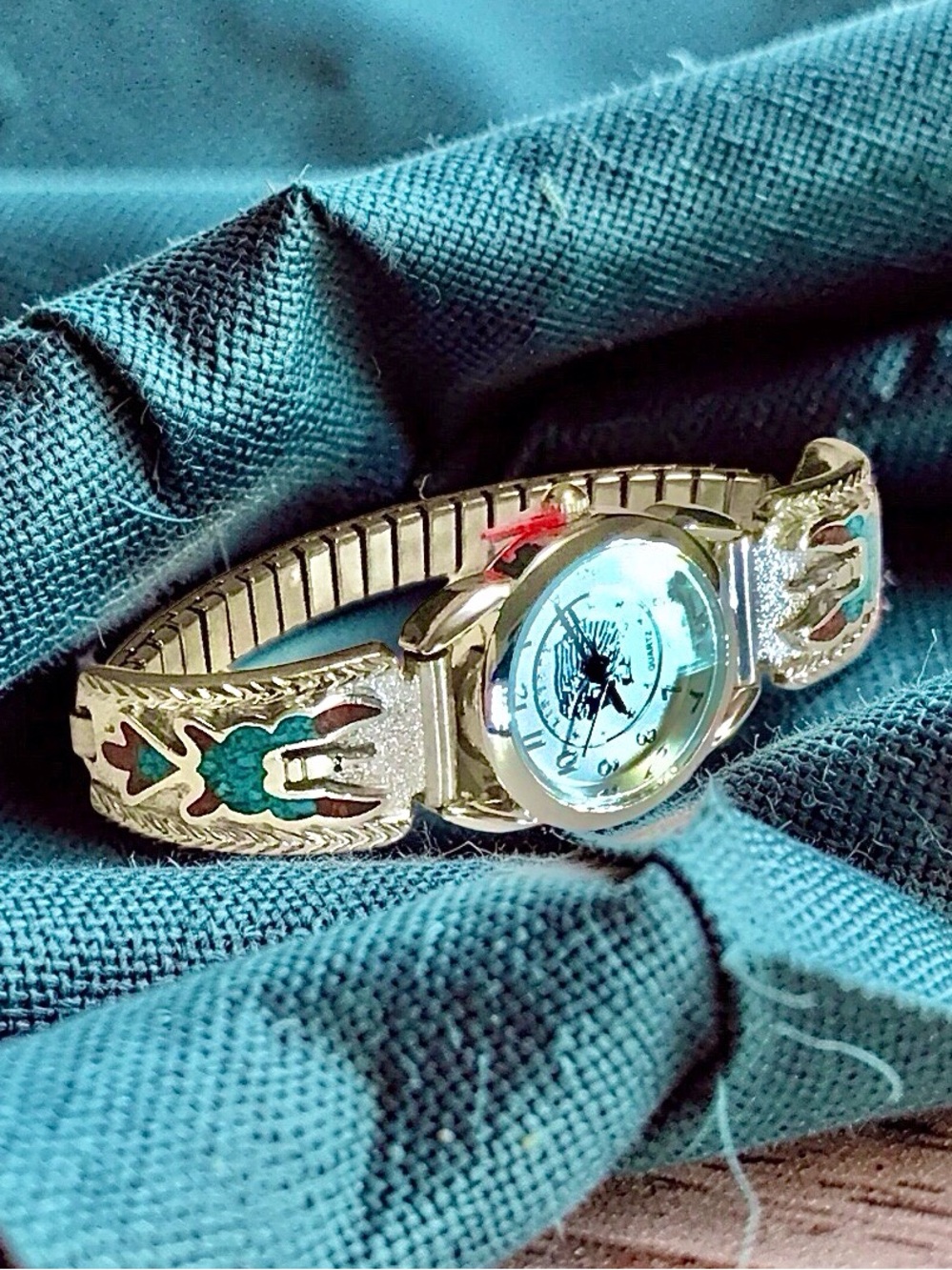 Woman’s Silver Navajo Thunderbird Turquoise/Coral Band Indian Liberty Coin Watch